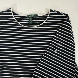 Ralph Lauren Shirt Womens 2X  Navy Blue White Striped Top Cotton 3/4 Sleeves